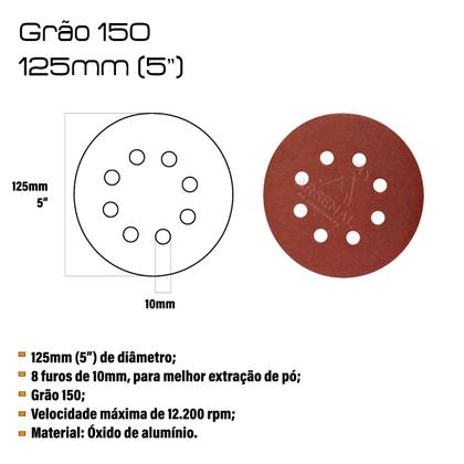 Imagem de Kit 50 Discos de Lixa tiras autocolantes 125mm 4.1/2” Grão 150