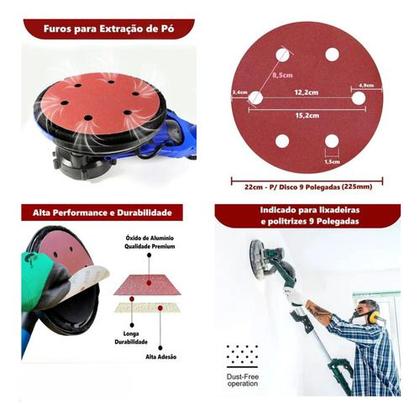 Imagem de Kit 50 Discos De Lixas 225mm Para Lixadeiras Girafa De Tetos Menegotti/Nauber e Todas com 06 Furos