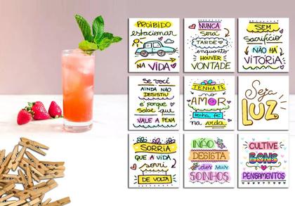 Imagem de Kit 50 Frases Motivacionais Para Drink 5x5cm Com Pregador