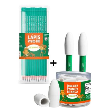 Imagem de Kit 50 lápis de Escrever Nº2 Preto + 50 Borracha Escolar Ponteira Branca LEO&LEO Escolar Escola Estudo