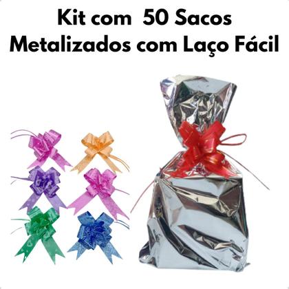 Imagem de Kit 50 Saco Metalizado Presente 25X36 Com Fita Laço Facil