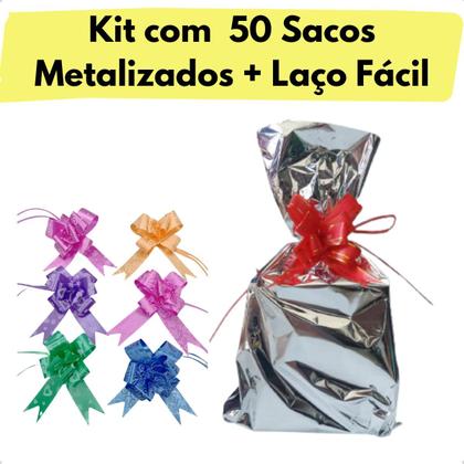 Imagem de Kit 50 Saco Metalizado Presente 25X36 Com Fita Laço Facil