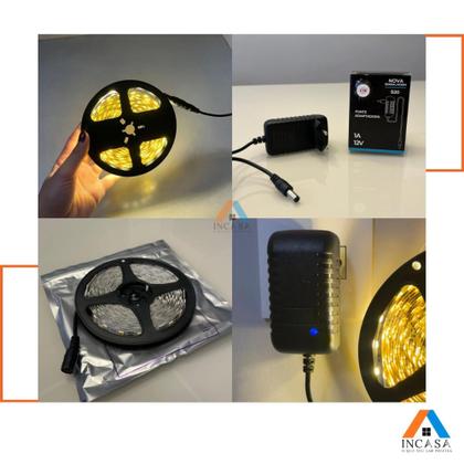 Imagem de Kit 5un Fita Led Branco Quente Rolo 5m 60 Leds + 1un Fonte 1A 12V Bivolt
