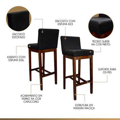 Imagem de Kit 6 Banquetas Alta Lisboa Estofada Lisboa Madeira Capuccino Suede Preto CCS