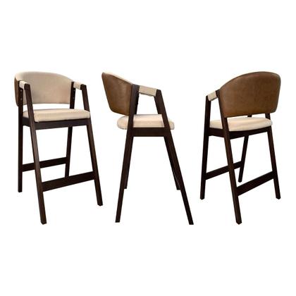 Imagem de Kit 6 Banquetas Alta para Cozinha Ravena em Madeira Maciça Capuccino Linho Bege Marrom CCS