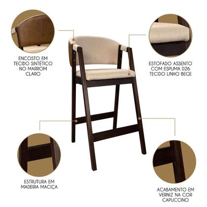 Imagem de Kit 6 Banquetas Alta para Cozinha Ravena em Madeira Maciça Capuccino Linho Bege Marrom CCS