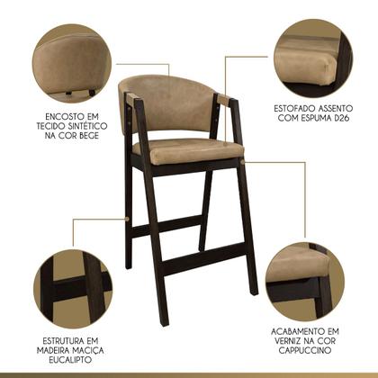 Imagem de Kit 6 Banquetas Alta para Cozinha Ravena em Madeira Maciça Capuccino Sintético Bege CCS