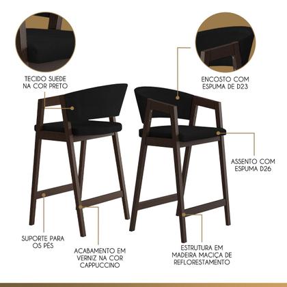 Imagem de Kit 6 Banquetas Alta para Cozinha Ravena em Madeira Maciça Capuccino Suede Preto CCS