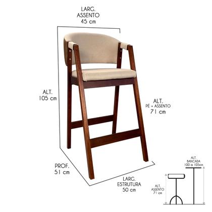 Imagem de Kit 6 Banquetas Alta para Cozinha Ravena em Madeira Maciça Castanho Linho Bege Marrom CCS