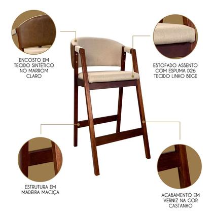 Imagem de Kit 6 Banquetas Alta para Cozinha Ravena em Madeira Maciça Castanho Linho Bege Marrom CCS