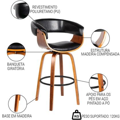 Imagem de Kit 6 Banquetas Giratória Alta com Encosto Base Madeira Ravi R02 PU Preto - Mpozenato