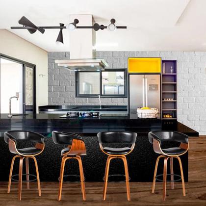 Imagem de Kit 6 Banquetas Giratória Alta com Encosto Base Madeira Ravi R02 PU Preto - Mpozenato