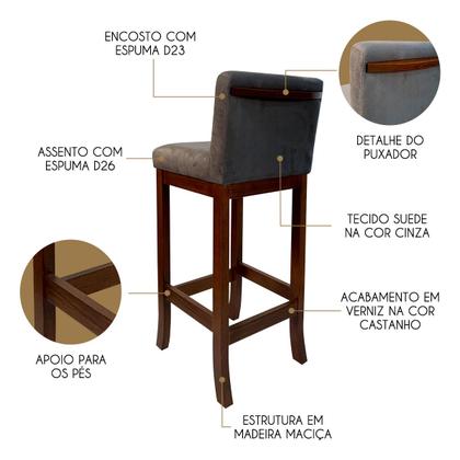 Imagem de Kit 6 Banquetas Média Estofada para Bancada Castanho Melody Suede Cinza