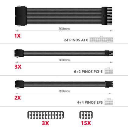 Imagem de Kit 6 cabo sleeved preto extensor fonte 1x24p 2x4+4p 3x6+2p