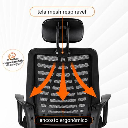 Imagem de Kit 6 Cadeiras Escritório Diretor Ergonômica Tela Mesh Apoio de Cabeça Giratória Suporta 120kg Preta