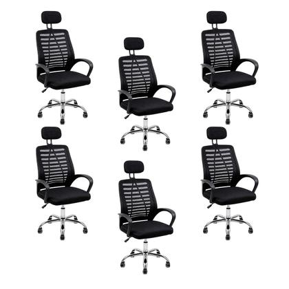 Imagem de Kit 6 Cadeiras Escritório Diretor Ergonômica Tela Mesh Apoio de Cabeça Giratória Suporta 120kg Preta