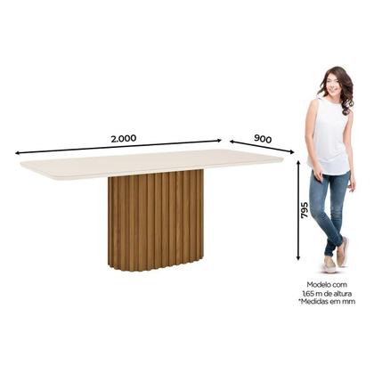 Imagem de Kit 6 Cadeiras Sala Jantar Solana c/ Tampo Madeirado c/ Vidro Curvo 200x90cm e 8 Cadeiras Eloá Nature/Suede Light Linho - Henn