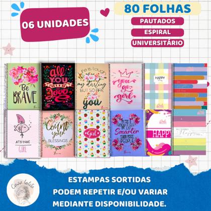Imagem de Kit 6 Cadernos Espiral Grande Escolar Menina Capa Dura Arame