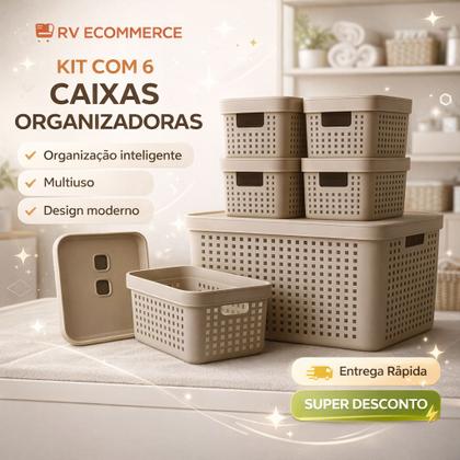 Imagem de Kit 6 Caixa Organizadora com Tampa 17 L 4,5 L 2 L Cesto Grande em Plástico para Organização