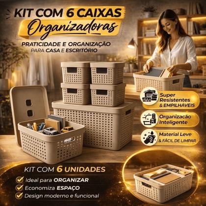Imagem de Kit 6 Caixa Organizadora com Tampa 17 L 4,5 L 2 L Cesto Grande em Plástico para Organização