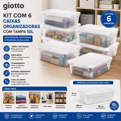 Imagem de Kit 6 Caixas Organizadoras Translucida 10L Armazenamento Roupas Brinquedos Giotto