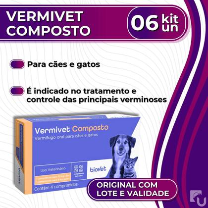 Imagem de Kit 6 Caixas Vermífugo Vermivet Composto - 4 Comprimidos 600mg Cada - Biovet 