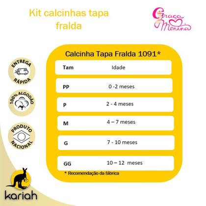 Imagem de Kit 6 Calcinhas Bebê Tapa Fralda Sortidas Graça Menina 1091