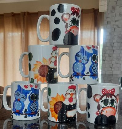 Imagem de Kit 6 CANECAS 300ML PORCELANA DECORADA BICHOS