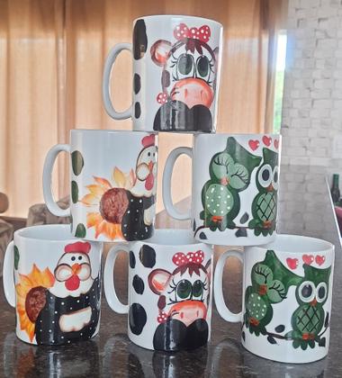 Imagem de Kit 6 CANECAS 300ML PORCELANA DECORADA BICHOS