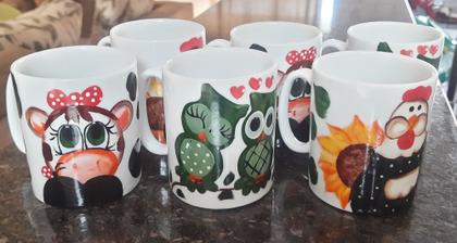 Imagem de Kit 6 CANECAS 300ML PORCELANA DECORADA BICHOS