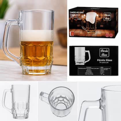 Kit com 6 Canecas de Vidro Pérola Glass Premium Casa Blanca 320 ml Transparente