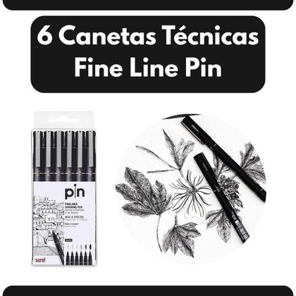 Imagem de Kit 6 Canetas Técnicas UniBall Pin Preta Fine Line Nanquim Desenho Ilustração Durável Secagem Rápida