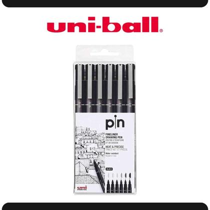 Imagem de Kit 6 Canetas Técnicas UniBall Pin Preta Fine Line Nanquim Desenho Ilustração Durável Secagem Rápida