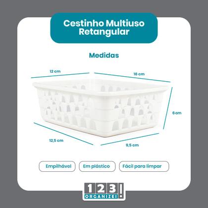 Imagem de Kit 6 Cesto Organizador 16x12x6Cm Branco +10 Cabide Infantil 123Organizei