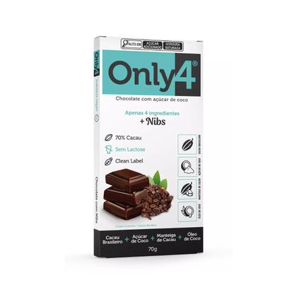 Imagem de KIT 6 CHOCOLATE ZERO LACT VEGANO 70% CACAU NIBS 70g ONLY4