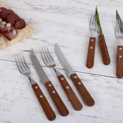 Imagem de Kit 6 Colheres De Mesa Madeira Martinazzo Universal Conjuto Talheres Inox Cabo Madeira