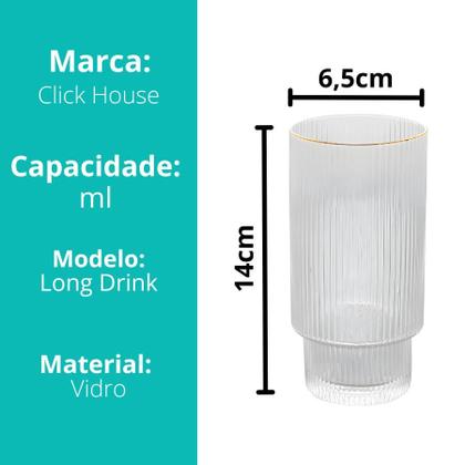 Imagem de Kit 6 Copo Vidro Canelado Grafiatto Alto Borda Dourada 310mL