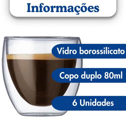 Imagem de Kit 6 Copos 80ml De Vidro Borossilicato Parede Dupla - Mori