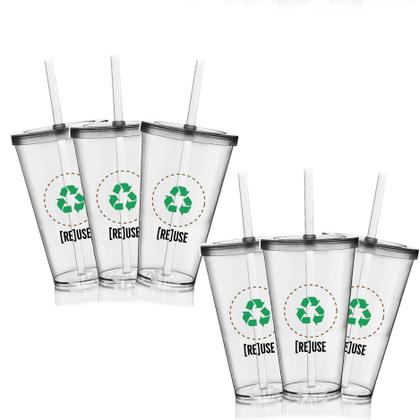 Imagem de Kit 6 Copos Com Tampa E Canudo Eco Reuse Um Copo Krystalon