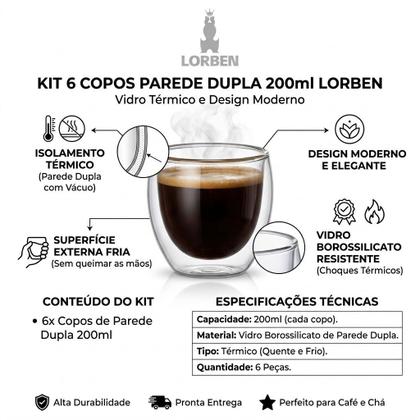Imagem de Kit 6 Copos Parede Dupla 200ml Vidro Borossilicato Térmico