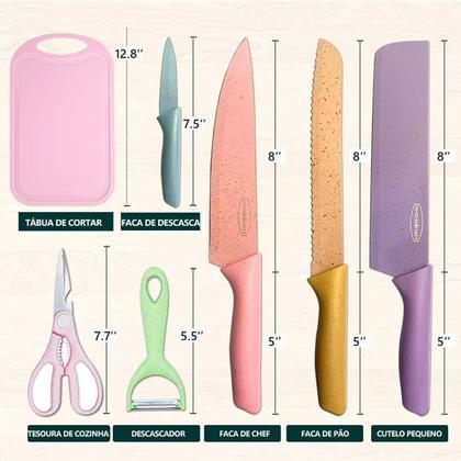 Imagem de Kit 6 Facas Coloridas Tábua Design Moderno Lâminas Afiadas