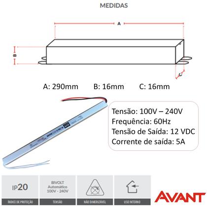 Imagem de Kit 6 Fonte Driver Slim 12v 60w 5a Fita Led Perfil Led Bivolt