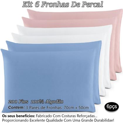 Imagem de Kit 6 Fronhas ( 3 Pares ) 200 Fios 100% Algodão Em Percal Travesseiro