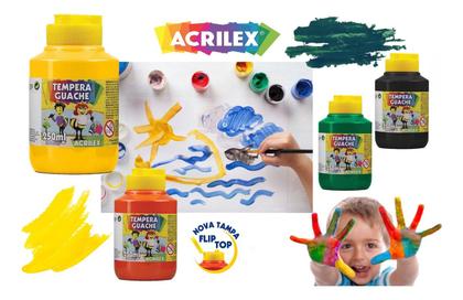 Imagem de Kit 6 Guache 250ml Vermelho AZUL Amarelo BRANCO Preto VERDE - Acrilex