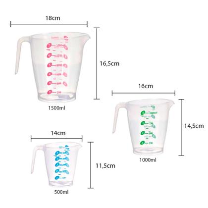 Imagem de Kit 6 Jarra Medidora Plástico Transparente 500 1000 1500Ml Cozinha Receita Medida Dosadora Líquido
