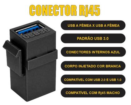 Imagem de Kit 6 Keystone Emenda Usb 3.0 Embutir Painel Tomada Preto