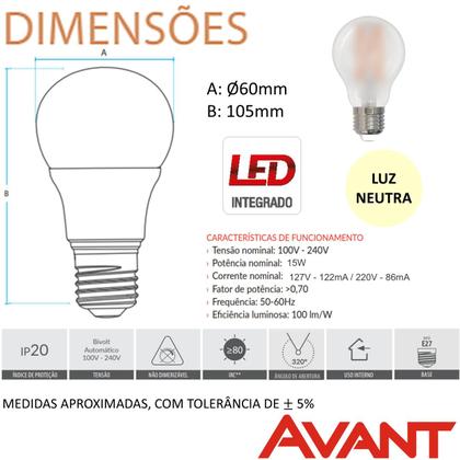 Imagem de Kit 6 Lampada Led Pera Matte 15w Filamento Branco Neutro 4000k E27