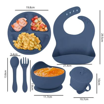 Imagem de Kit 6 Louças Refeição Bebê Silicone Colher Pratinho Babador Infantil Ventosa