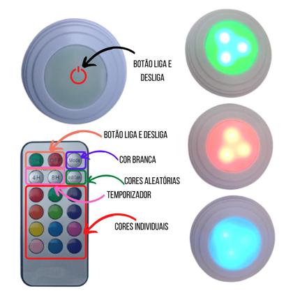 Imagem de Kit 6 Luminárias Lâmpadas Led Spots Redondas Adesivas RGB Coloridas Multicolor Sem Fio Com Controle Remoto Para Armários