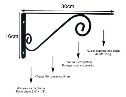 Imagem de Kit 6 Mão Francesa Colonial 30cm Reforçada Preta Suporte Prateleira Aço